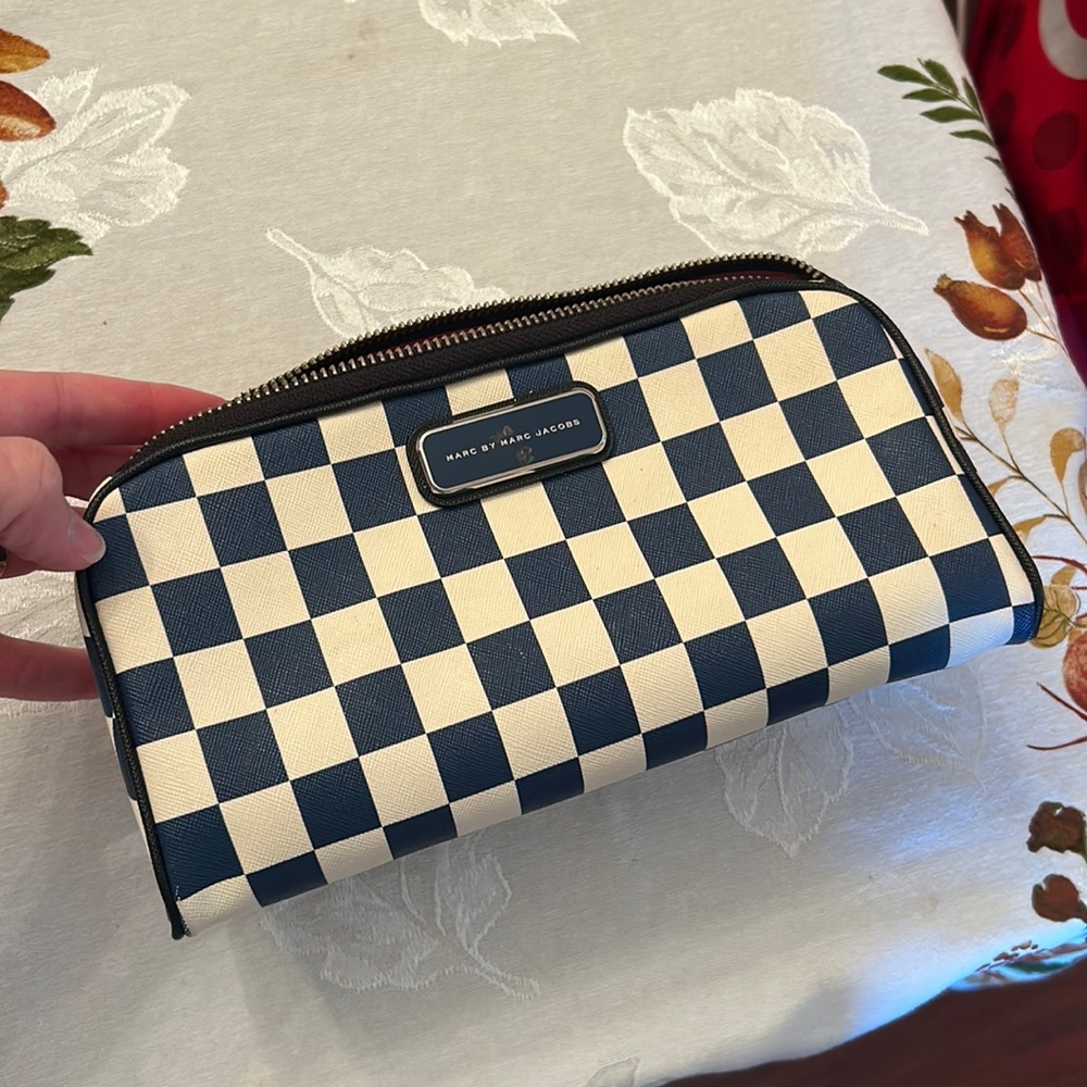 Marc by Marc Jacobs leather blue checkerboard pattern cosmetic zip bag